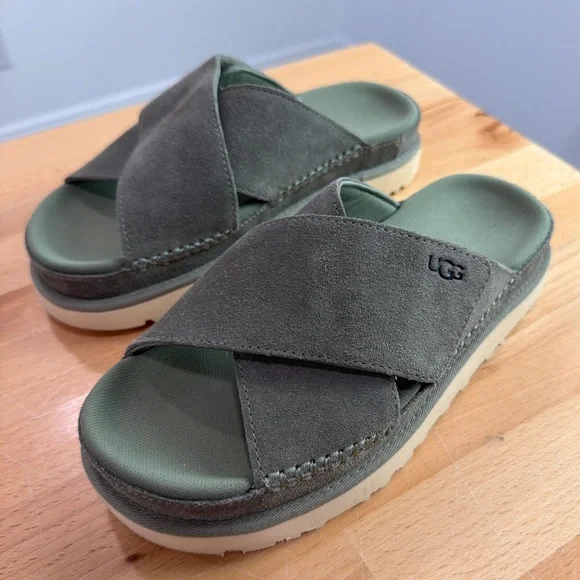 UGG Goldenstar Cross Slide Suede Minimalist Platform Sandal Green Size 7.5 - Picture 2 of 10